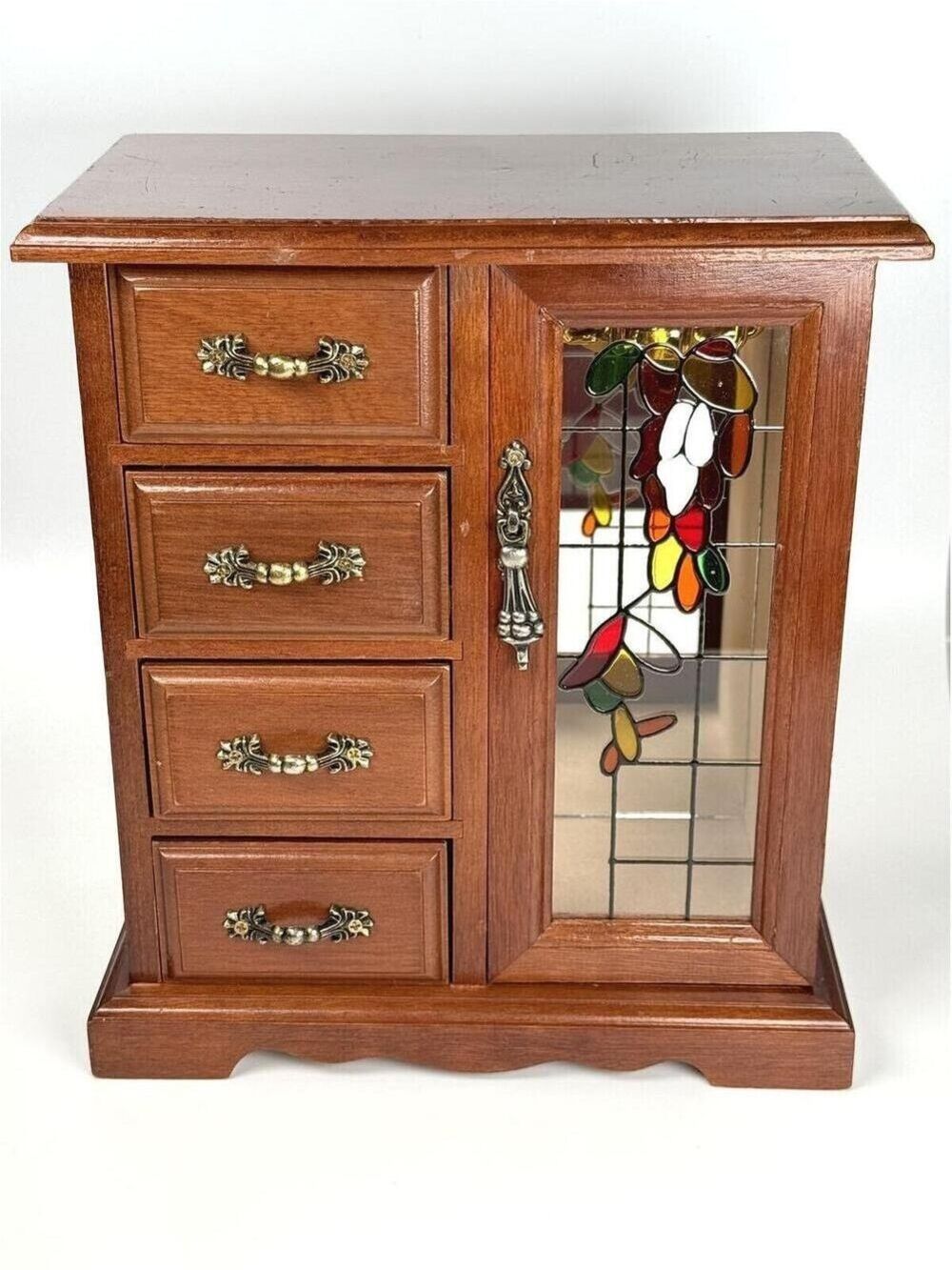 Vintage Stained Glass Sankyo Japan Music Box for Jewelry Mirror Rotating Hooks